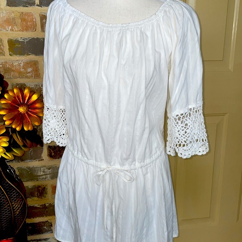 Umgee White Drawstring Waist Boho Mini Dress On/Off Shoulder Crochet Sleeves